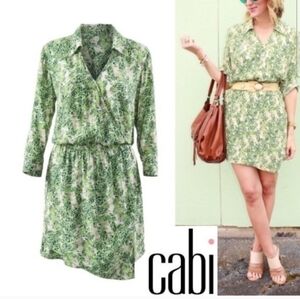 CAbi Green Printed Collared V-Neck Faux Wrap Dress